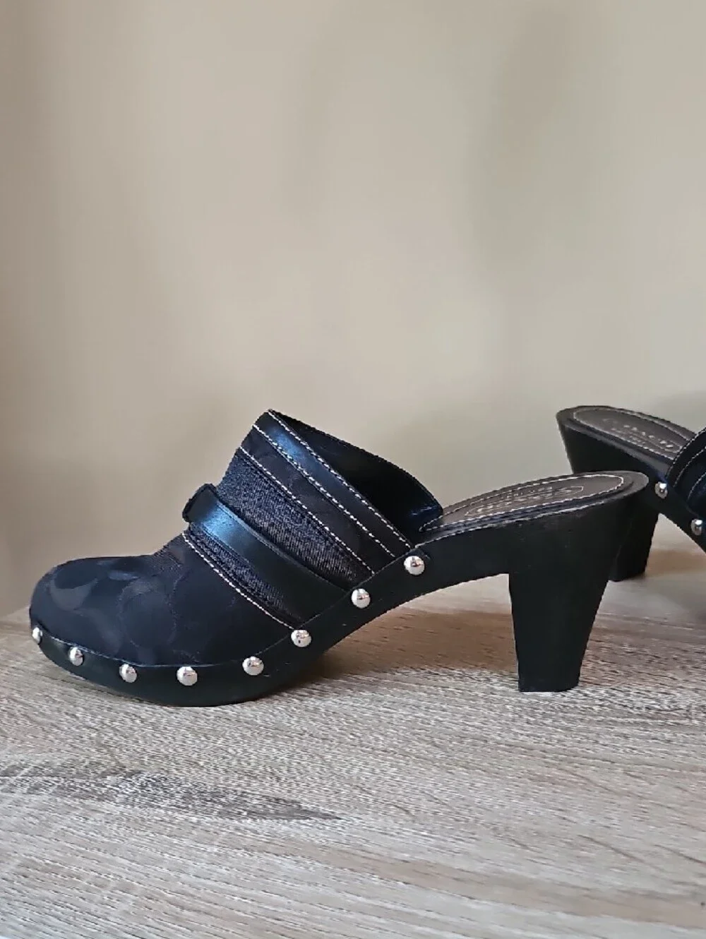 Coach Sutton Black Signature Logo Clog Mules with Silver Hardware